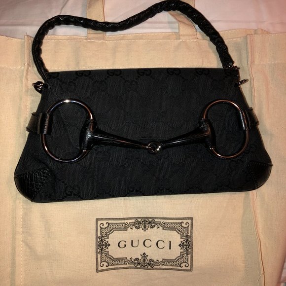 GUCCI Vintage Black Monogram Horse Bit Clutch - Picture 5 of 16